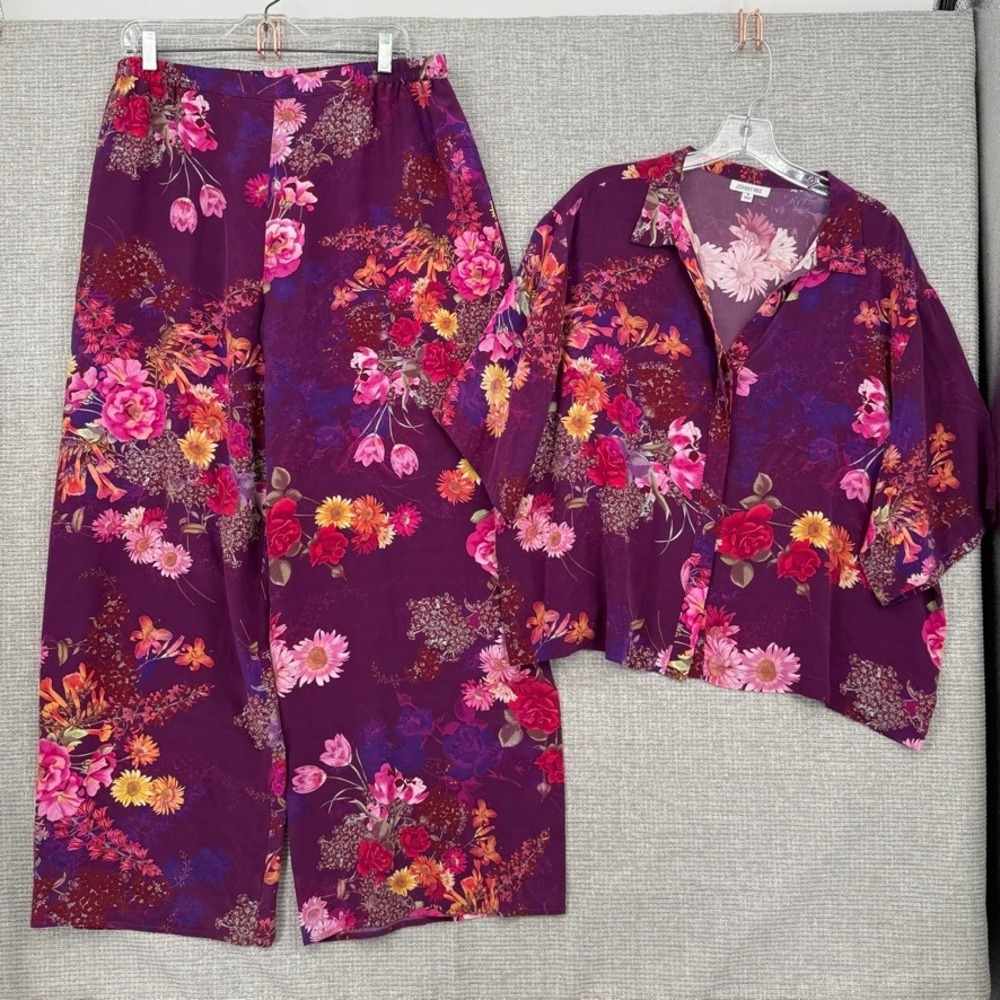 Johnny Was Floral Pajama Set Women XL Purple Flowy Boho Button Down Wide Leg